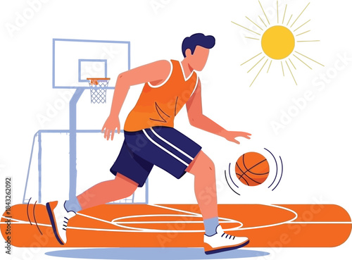 A basketball player dribbling towards the basket under a bright sun on transparent background