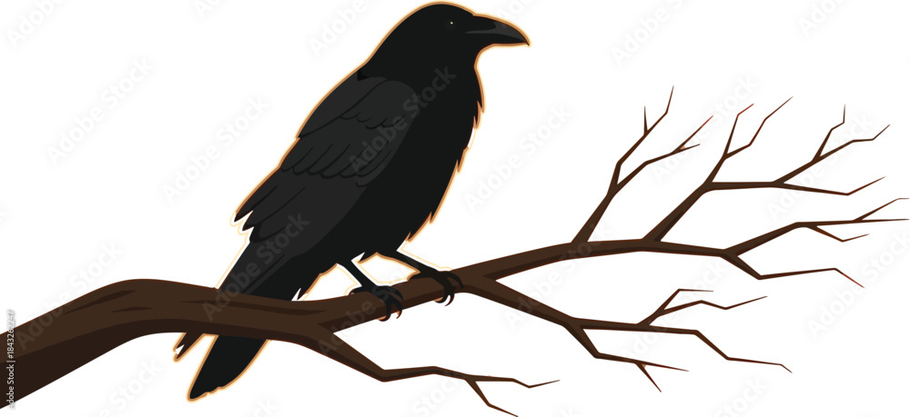 Obraz premium A black raven perched on a bare branch against an orange backdrop on transparent background