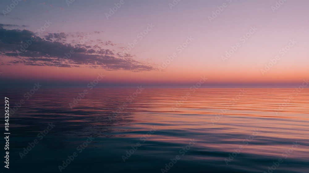 Fototapeta premium Serene Ocean Horizon at Sunset with Soft Clouds and Reflective Water.