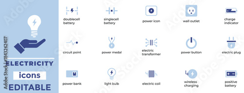 Electricity Icons Power Energy Battery Charging Circuit Set