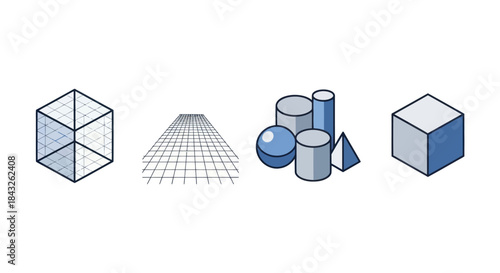 Diverse 3D Geometric Shapes: Wireframe Cube Perspective Grid Solid Forms.