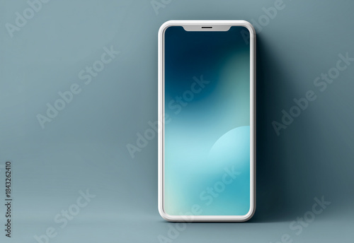 Minimal smartphone mockup with blank screen standing, soft blue background. Modern design ideal for mobile app presentation, UI UX showcase, branding, technology marketing, digital interface concept.