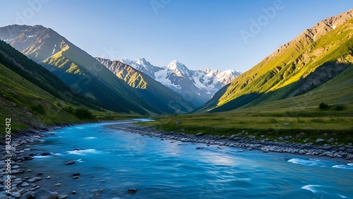 mountain landscape with lake and mountains,Crystal Blue River Flowing Through the Caucasus Mountains of Svaneti
