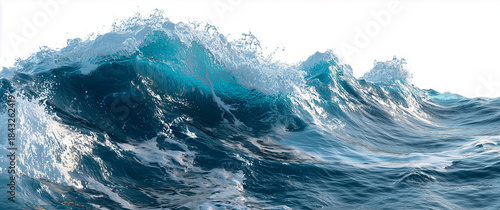Ocean wave with dynamic motion and crystal clear water on white background. Realistic marine splash ideal for nature concepts, energy design, environmental themes, dramatic visual compositions.