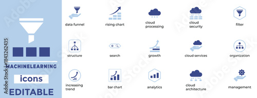 Machine Learning Icons Data Analytics Cloud Processing Growth Set