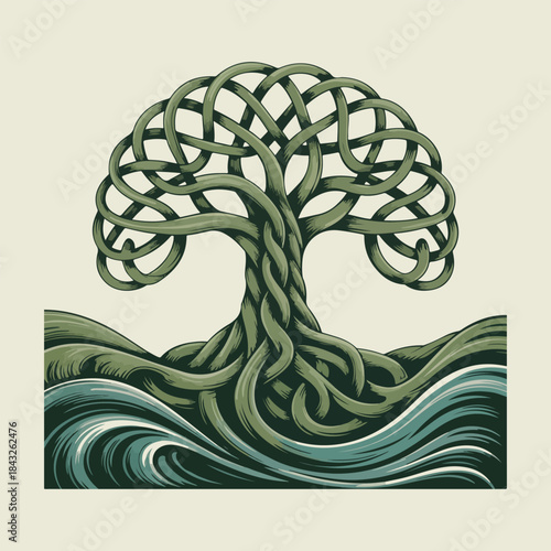 Stylized Celtic Tree of Life with Wavy Water vector