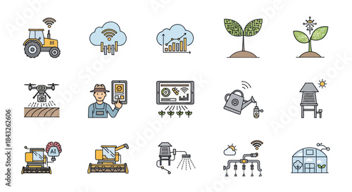 Collection of Smart Farming and Agriculture Technology Icons.