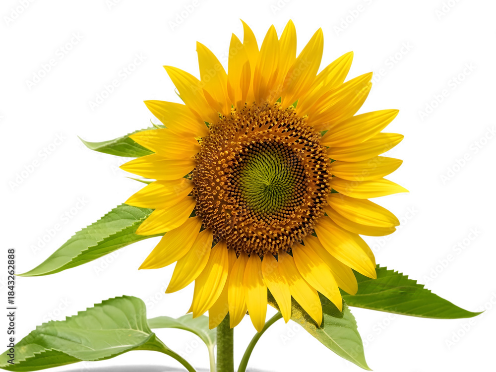 Obraz premium Bright yellow sunflower with green leaves and stem isolated on a plain black background a symbol of summer and happiness isolated on white background isolated on transparent background