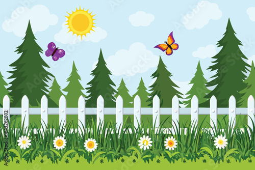 A cheerful summer landscape featuring a white picket fence butterflies and evergreen
