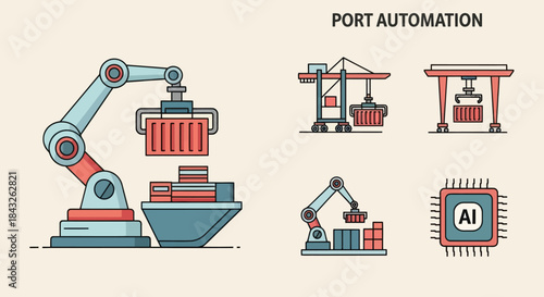 Automated Port Automation Icons Depicting Shipping and Logistics Processes.