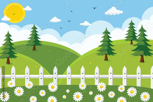 a cheerful landscape featuring green hills trees a white fence and a