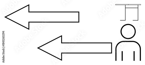 Decision making, direction choices, problem solving, communication, leadership, strategic thinking. Two arrows pointing in opposite directions near a person. Decision making and direction choices