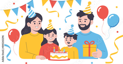 Happy family celebrating birthday with cake, balloons, party hats, gift box, kids smiling, festive decorations, joyful moment, vector illustration