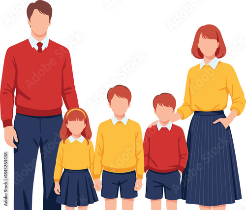 Happy family portrait with coordinated outfits, standing together in flat style illustration, showing unity, fashion, parenting, love and lifestyle