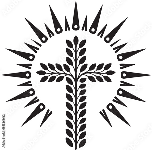 Vector Black cross with leaves and radiating spikes