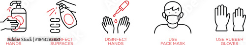 Health safety infographic showing hygiene practices like hand washing, disinfecting, face mask, and gloves for virus prevention and protection