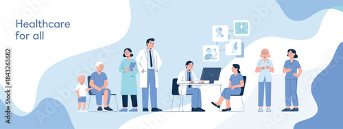 Healthcare for all illustration with diverse people, doctor, nurse, child, elderly, medical icons, inclusive treatment and hospital concept