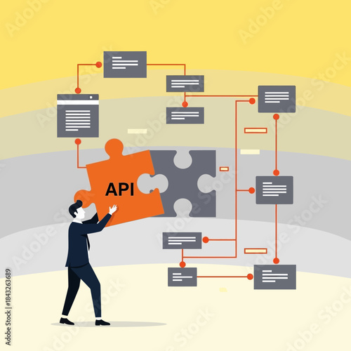 Api integration concept software development connection system architecture digital workflow programming solution data exchange technology puzzle piece business process linking