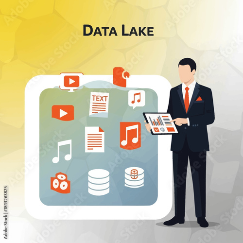 Data lake concept illustration showing diverse file types like video text audio and databases managed by a businessman analyzing metrics on a tablet device
