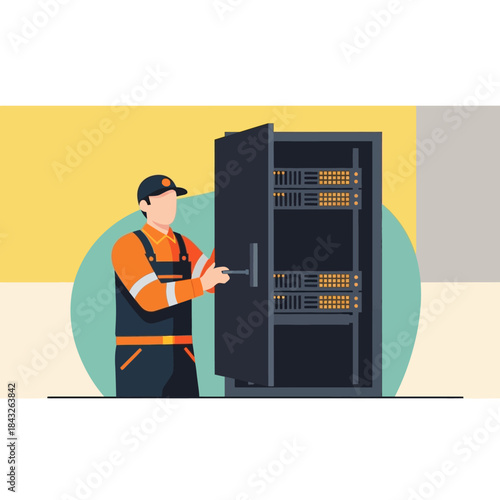 Technician opening server rack door for maintenance or installation work in a data center environment representing network security and hardware management