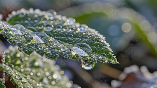 Leaf Adorned with Dewdrops - A Glimpse of Natures Beauty.