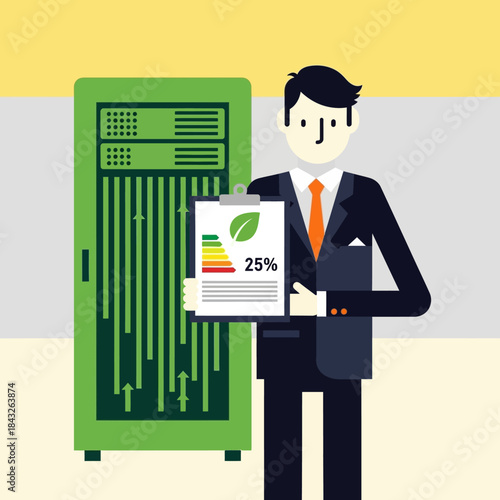 Data center efficiency report showing energy savings a technician holding a clipboard with a green leaf icon and 25 percent rating next to server rack