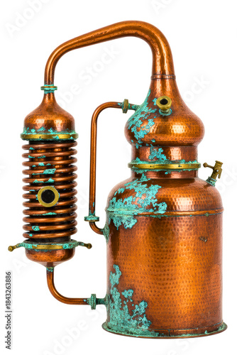 Antique hammered copper alembic still with a green patina finish isolated on a transparent background