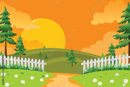 a vibrant landscape with a golden sun setting over rolling green hills high quality