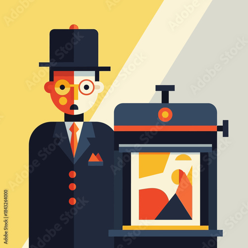 Graphic designer operating a printing press with abstract art output featuring a man in a top hat and suit in bold geometric style