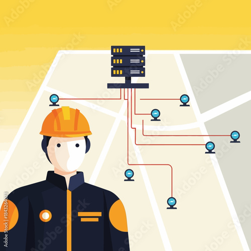 Technician overseeing network infrastructure data flow server management mapping connectivity monitoring remote access system control field operations safety protocols