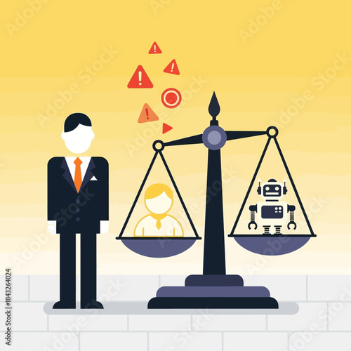 Balancing human worker versus robot automation on a scale representing job security legal fairness and technological displacement risks