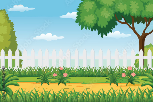 a serene landscape depicting a white picket fence with lush green plants high quality