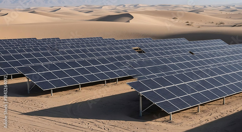 Large solar panel farm in desert landscape with rows of photovoltaic panels generating renewable energy under sunny sky