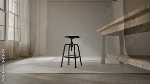 Minimalist Studio Space with Stool and Natural Light.