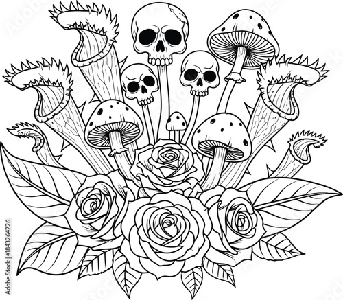 Detailed illustration of skulls emerging from mushrooms and roses with leaves on transparent background