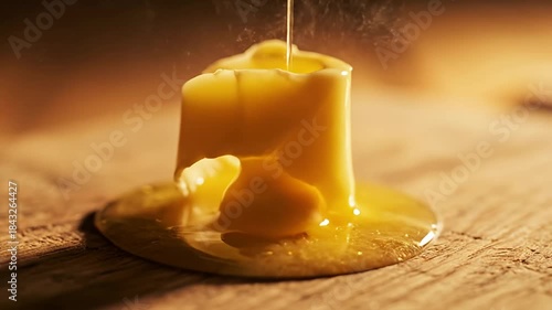 Golden Honey Drizzling Over a Butter Block on Wooden Surface.