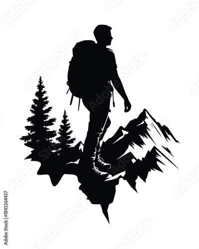 Black and white silhouette of hiker with backpack on mountain surrounded by pine trees vector illustration