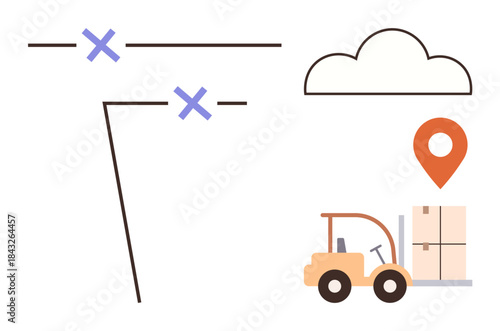 Forklift carrying a package near a location pin, connected cloud, and map marks. Ideal for logistics, delivery, warehouse management, supply chain, location tracking, cloud technology simple flat