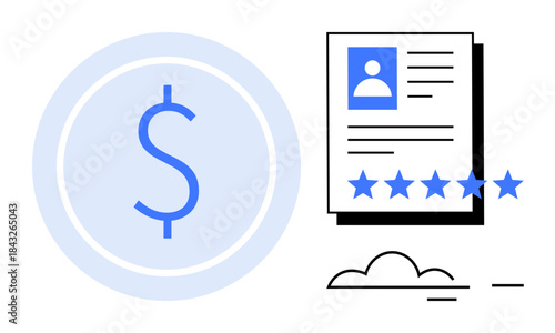 Dollar icon next to a profile card with five-star rating and abstract lines. Ideal for finance, customer reviews, reputation management, business success, quality service, investment, user feedback