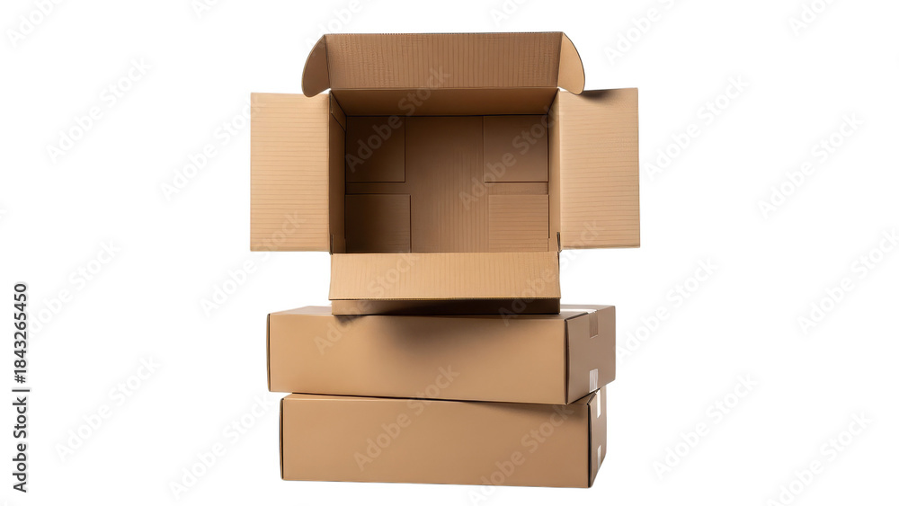 Obraz premium Stack Of Cardboard Boxes With Open Top Box On Black