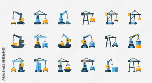 Collection of Colorful Construction Cranes in Various Designs.