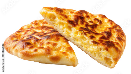 Traditional khachapuri bread cut out isolated on white background showcasing cheesy baked Georgian cuisine food photography
