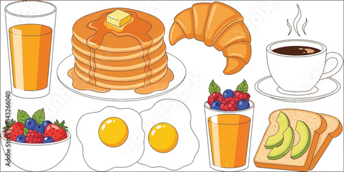 Delicious breakfast items including pancakes croissants eggs and juice on transparent background