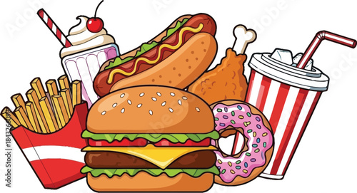 Colorful cartoon illustration of fast food items including burgers fries and drinks on transparent background