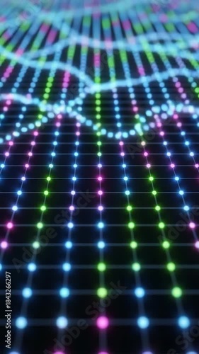 Abstract visualization of data flow over a vibrant digital network grid