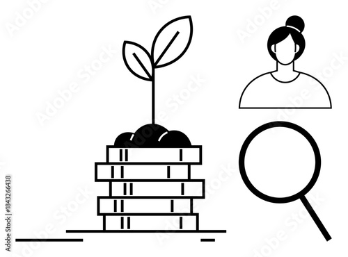 Stack of coins with plant sprout symbolizing growth, magnifying glass, and woman profile combine to convey personal development, financial growth. Ideal for business, eco-finance, startups