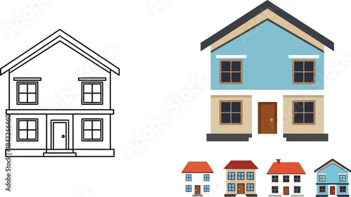 Two house designs one outlined and one colored with miniature house icons on transparent background
