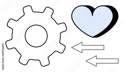 Workflow automation, productivity, emotional connection, teamwork, systems, data flow. Gear, heart and two arrows interaction. Workflow automation and productivity concept