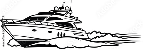 Detailed black and white illustration of a speeding yacht creating dynamic water trails on transparent background