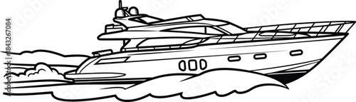 Detailed black and white illustration of a speeding yacht with water splashes on transparent background